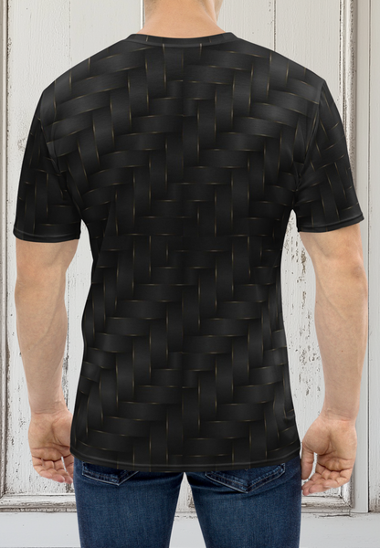 This completely custom men's handmade short sleeve tee has a black and gold ribbon pattern that crisscrosses all over the shirt.