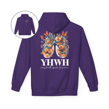 On the front of this custom women's Christian hoodie is a large heart that has a Jesus cross in the center of it, there are two butterflies around the heart. On the back of the sweater is an image of a pair of human lungs made from flowers and butterflies, under the image it says YHWH every breath speaks His name.
