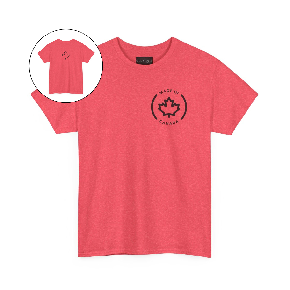 On the front of this custom short sleeve shirt is a circle on the upper left chest of the shirt with the words Made In Canada with a maple leaf in the middle, on the back of the shirt is a maple leaf right in between the shoulder blades.
