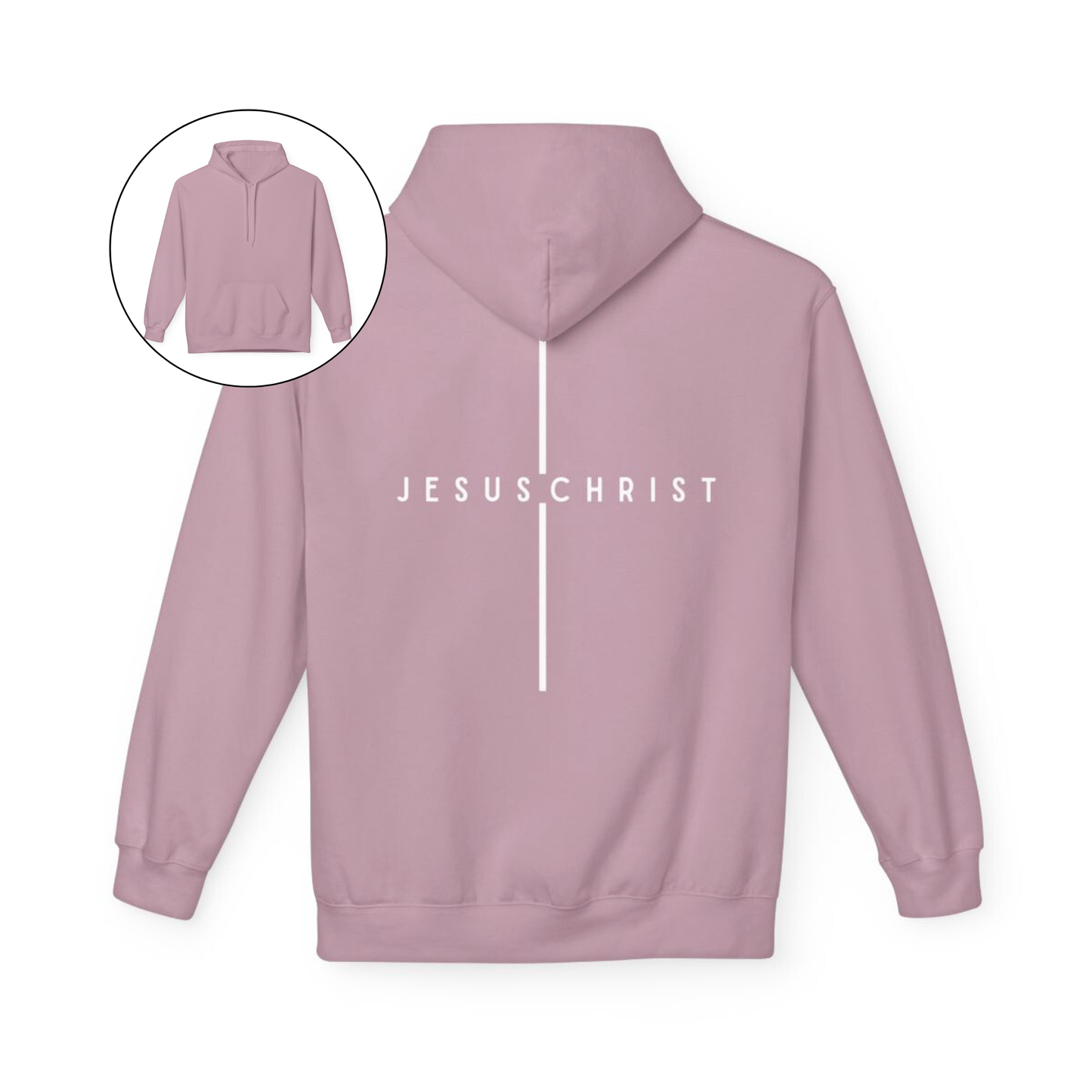 On the back of this custom Christian hoodie is the name Jesus Christ with a line above and below the name making it look like a cross.