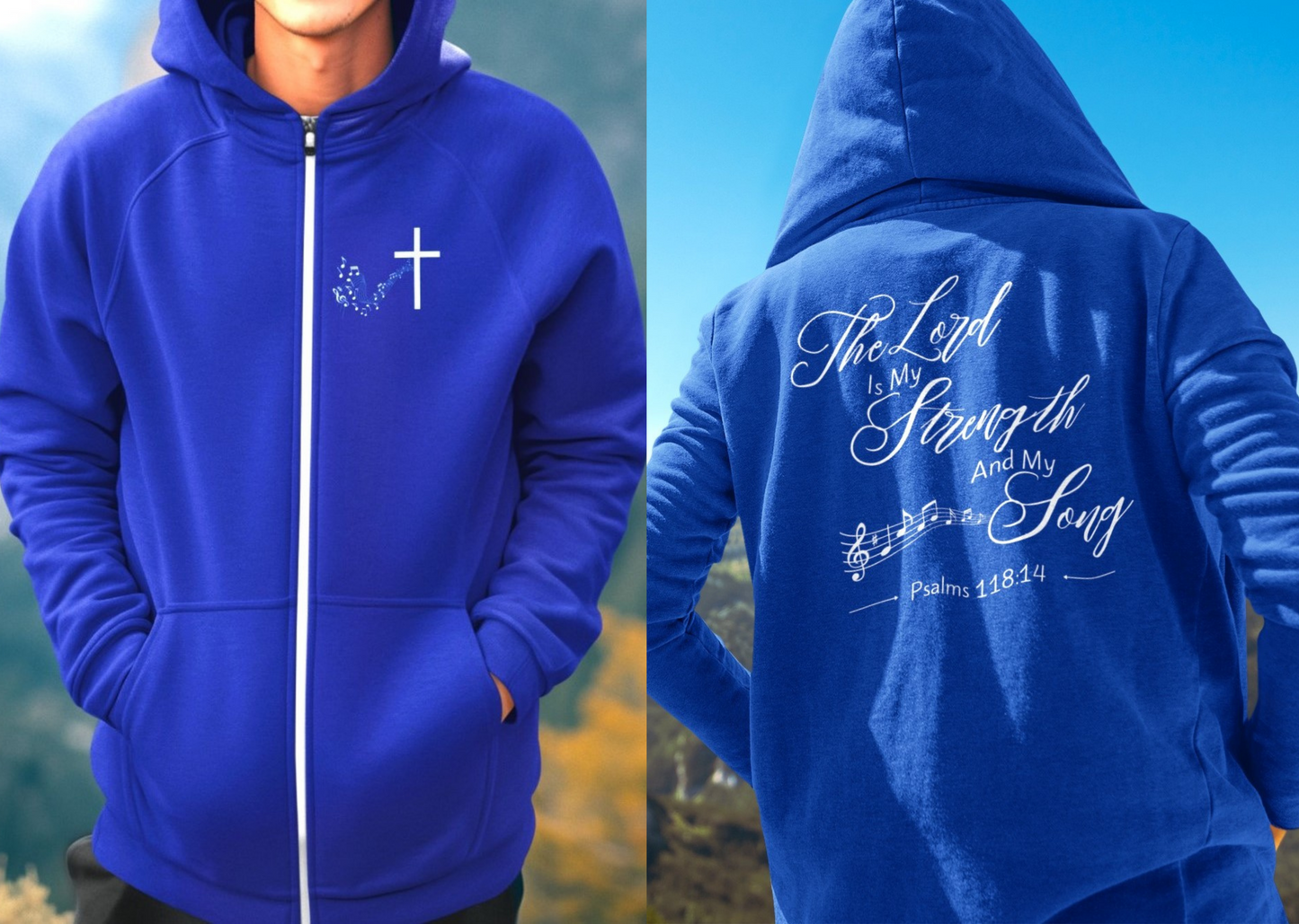 On the front of this custom Christian zip up sweater is a Jesus cross with music notes on the right chest, on the back of the sweater is the scripture the Lord is my strength and my song Psalms 118:14 with music notes underneath the writing.