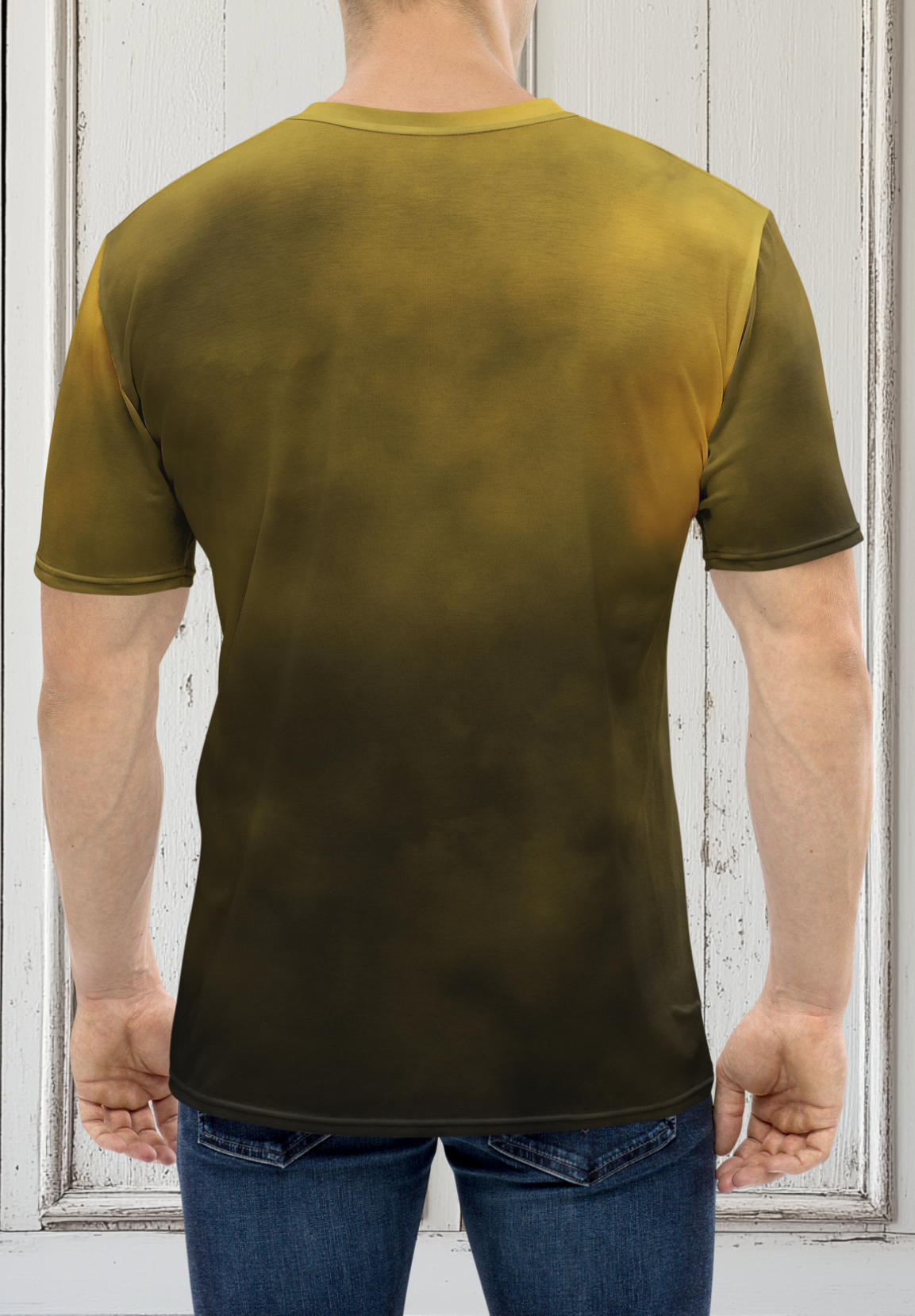 This custom men's short sleeve shirt is all black with gold clouds on the top that fades to the bottom giving the shirt a completely custom design.