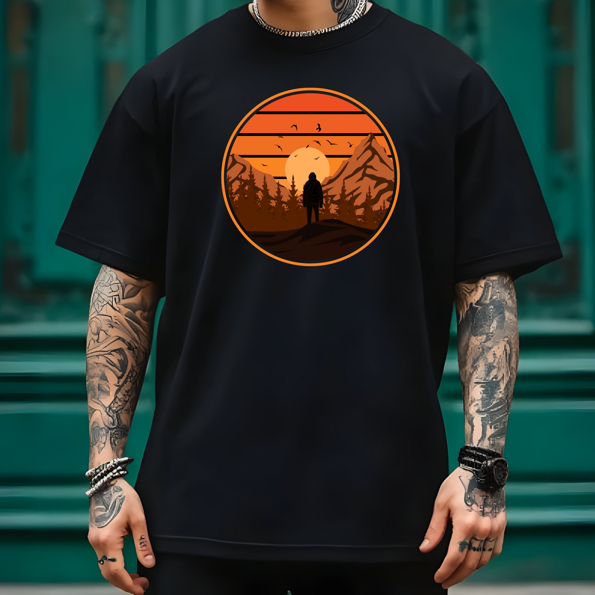 On the front of this custom tee is a large circle on the center of the chest that has an image of bigfoot right in the middle, there is a sun setting with mountain ranges and pine trees in the background.