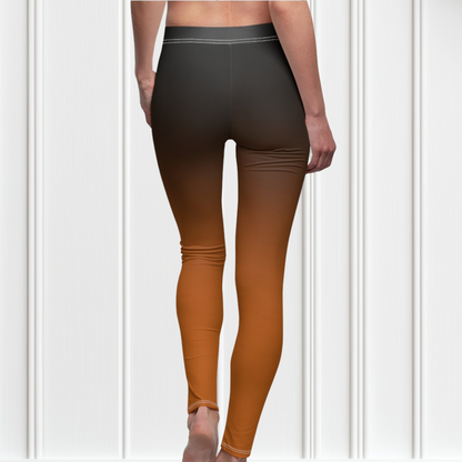 These high waisted super soft handmade women's leggings have a ombre pattern starting with black at the top waistline then fading to a deep burnt orange at the bottom.