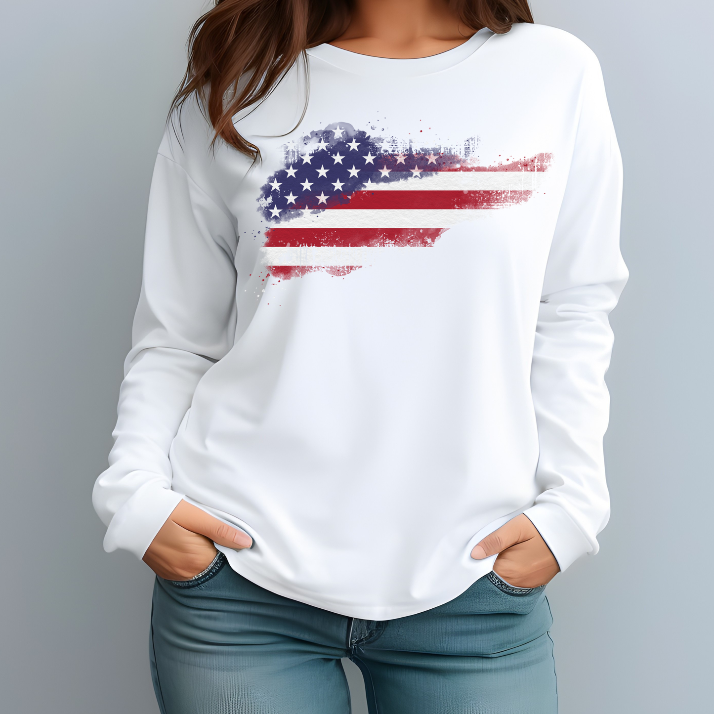 On the front of this super soft unisex long sleeve t-shirt is a vintage image of the United States of America Flag that looks like it has been scratched onto the shirt, this long sleeve tee is perfect for the 4th of July and patriotic individuals.