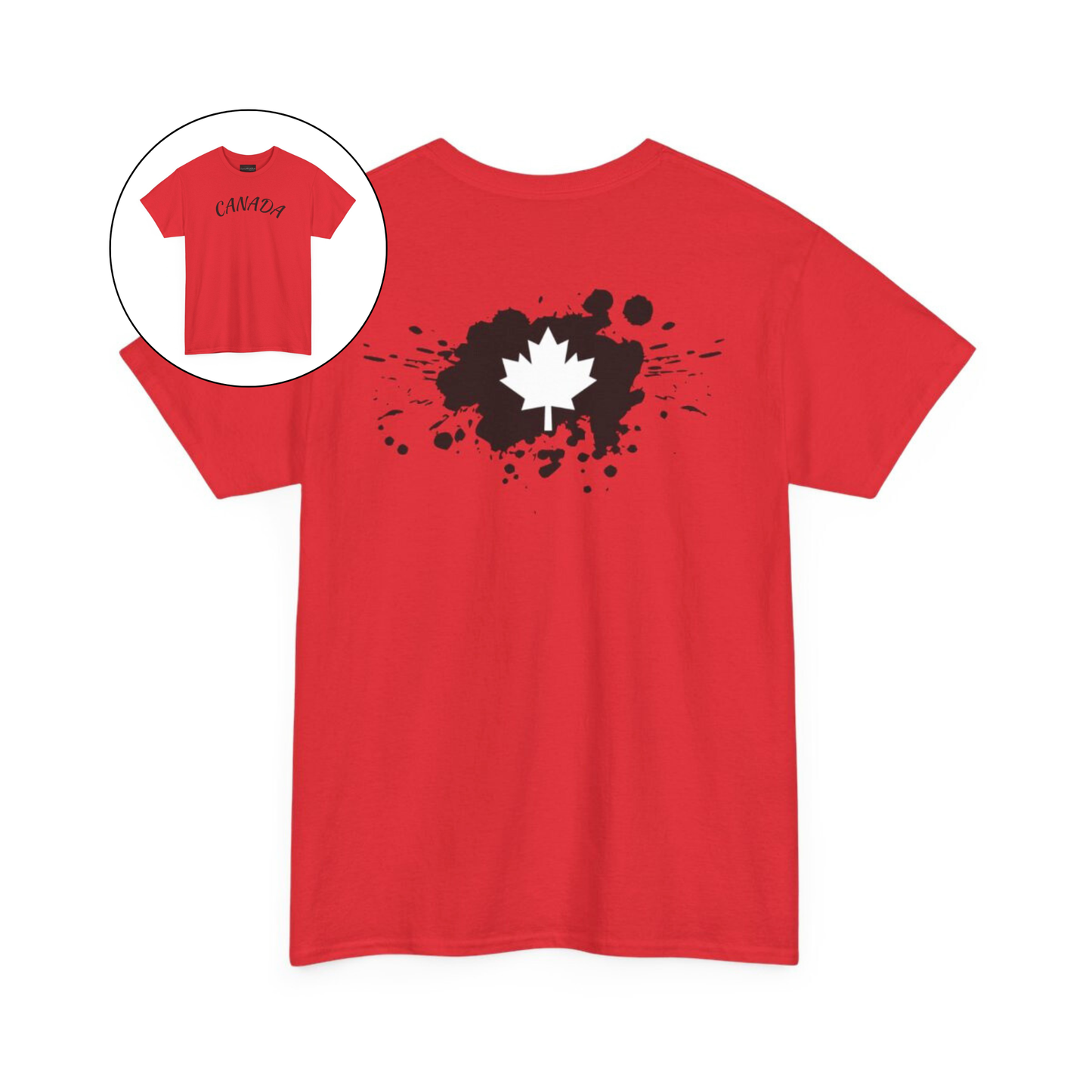 On the front of this custom short sleeve shirt is the word Canada in large letters across the chest, on the back of the shirt in between the shoulder blades is a large paint splatter with a maple leaf in the middle.