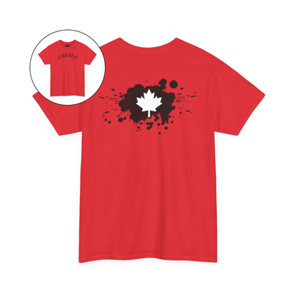 On the front of this custom short sleeve shirt is the word Canada in large letters across the chest, on the back of the shirt in between the shoulder blades is a large paint splatter with a maple leaf in the middle.