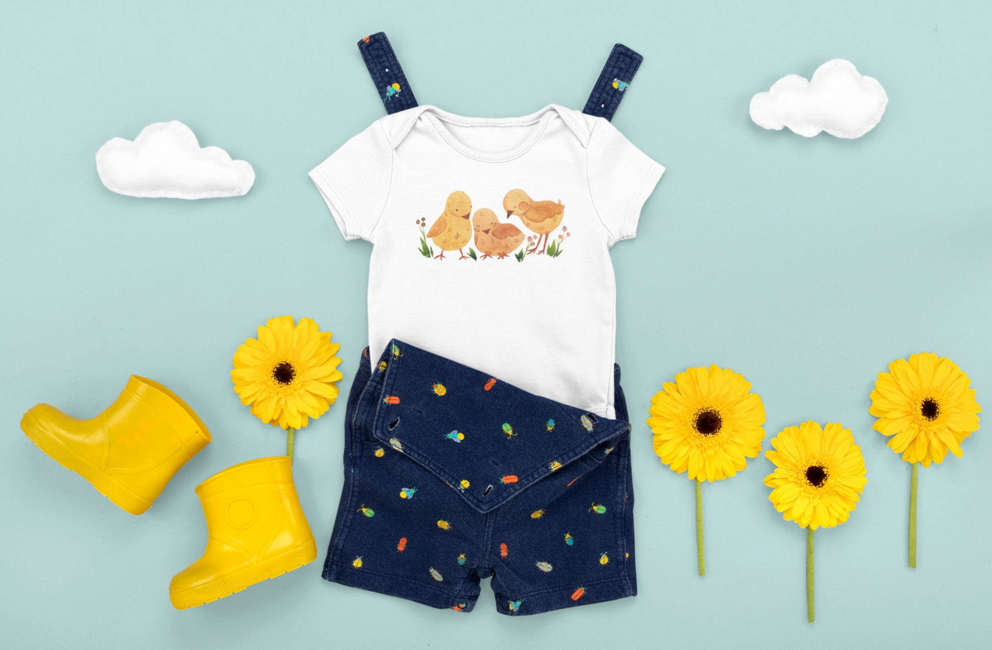 On the front upper part of this custom infant short sleeve onesie is an image of three baby chicks with flowers all around the baby chicks.