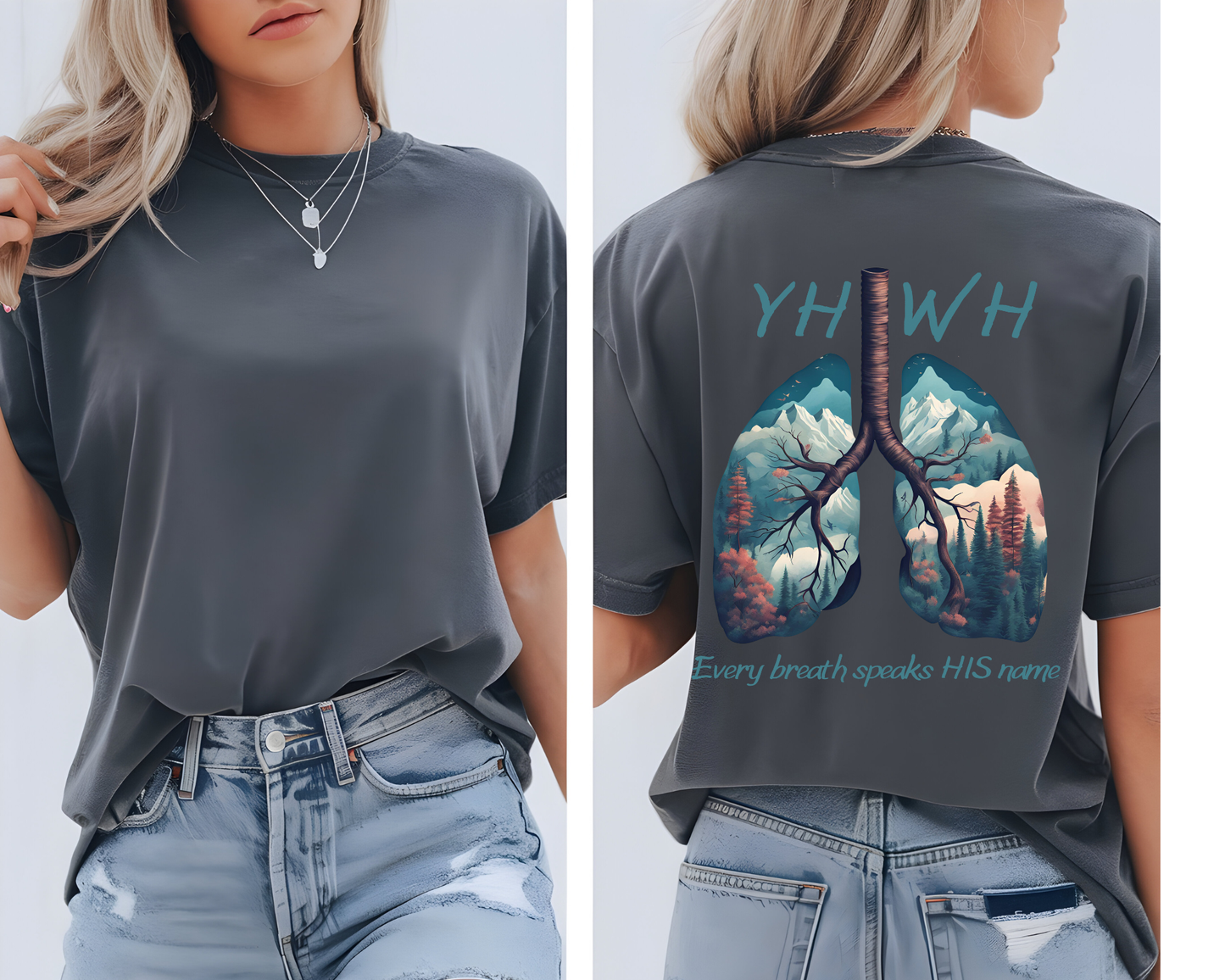 On the back of this handmade custom Christian short sleeve shirt is the word "YHWH" in large blue lettering with an image of a set of lungs with images of mountain scenery in each lung. The words "Every breath speaks His name" are underneath the image of the lungs.