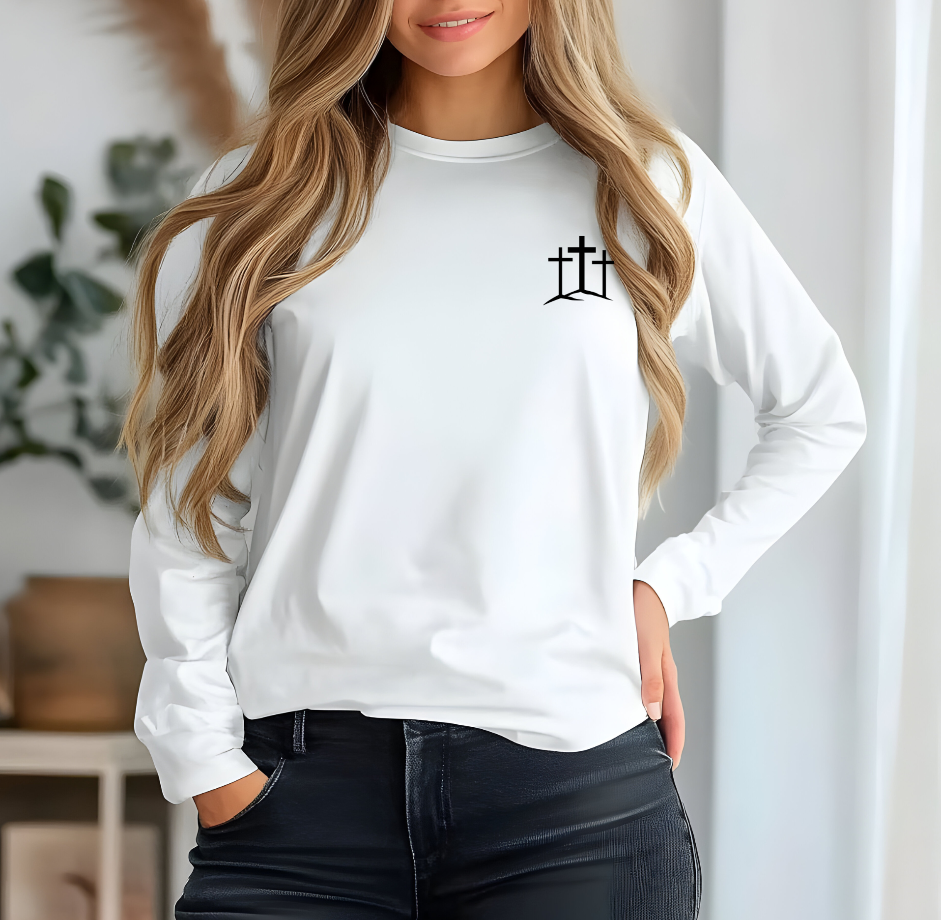 A classic Christian Unisex Ultra Cotton Long Sleeve Custom Tee featuring an image of three Jesus crosses on a hill on the top left chest of the shirt.