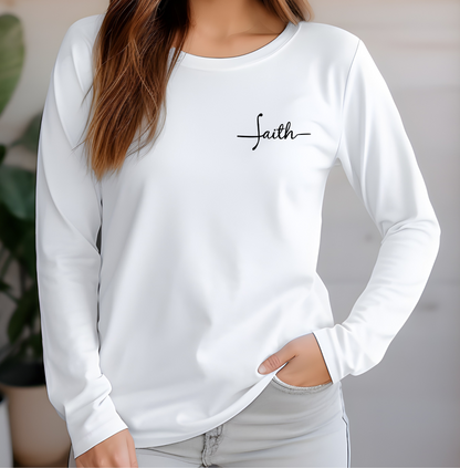 This custom Christian long sleeve t-shirt has the word Faith embroidered in black thread on the top left chest, the word faith is embroidered in a cursive font.