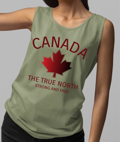 This custom unisex tank top has the word Canada in large block letters in a half circle on the top with a maple leaf underneath that, then under the the maple leaf are the words The True North Strong And Free in the same font, everything is a bright red color like the Canadian flag.