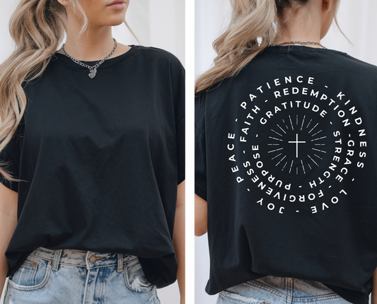 On the back of this custom Christian short sleeve shirt is a large cross in the middle with the words Patience, kindness, love, joy, peace, faith, redemption, grace, forgiveness, gratitude, strength, purpose. All these words are the definition of Faith.