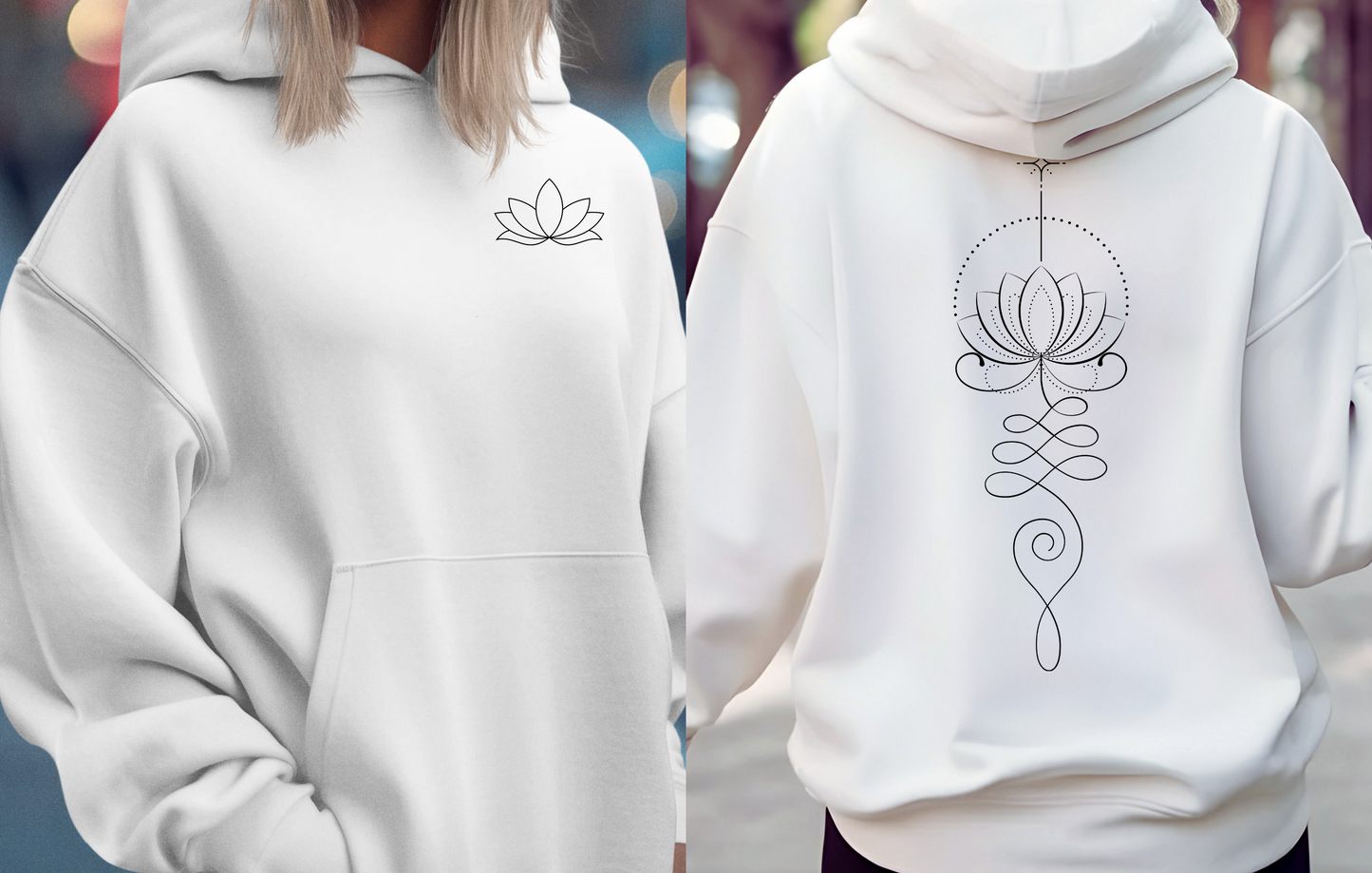 On the back of this custom women's hoodie is a unalome design with a lotus flower in the center of it, the design takes up the entire back of the hoodie from the top to the bottom, on the from of the hoodie, over the left chest is a image of a lotus flower.
