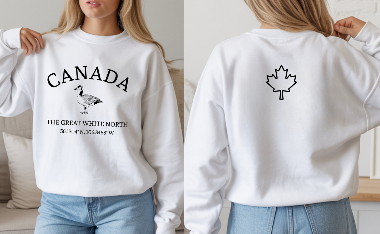 On the front of this unisex super soft Canadian sweatshirt is the word Canada in large text on the top with an image of a Canadian Goose underneath. Under the Goose are the words The Great White North with Canada's geological location under that.