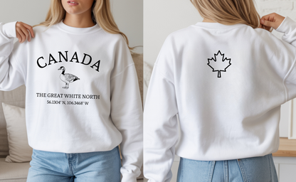 On the front of this unisex super soft Canadian sweatshirt is the word Canada in large text on the top with an image of a Canadian Goose underneath. Under the Goose are the words The Great White North with Canada's geological location under that.