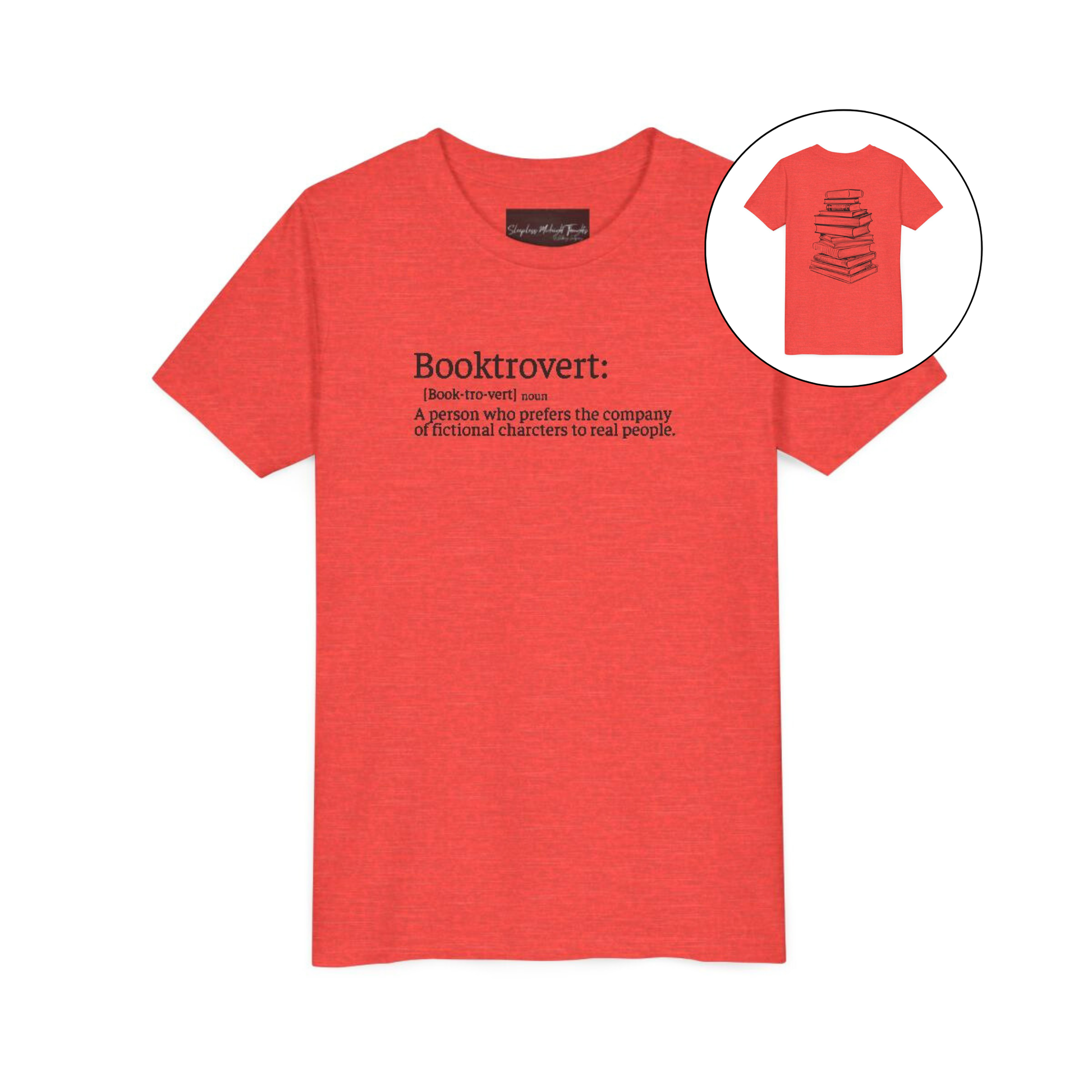 On the front of this custom youth t-shirt it says the word Booktrovert in large letter with the meaning of the words underneath it, on the back of the shirt is an image of a large stack of books.