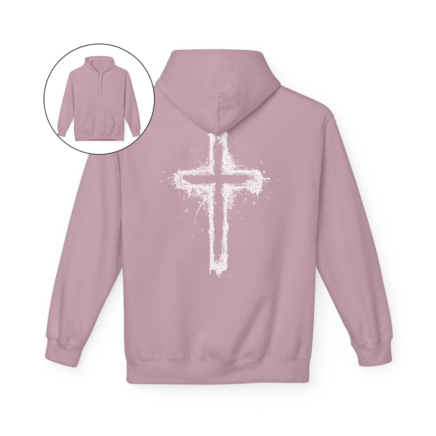 On the back of this Christian hoodie is a large spray painted Jesus cross that takes up the entire back of the sweater.