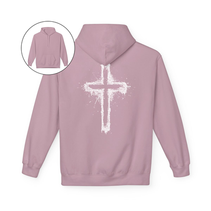 On the back of this Christian hoodie is a large spray painted Jesus cross that takes up the entire back of the sweater.