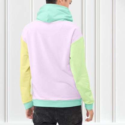 A custom hand sewn unisex hoodie that has a pastel color block design, the front and the back of the sweater are a light purple with the bottom waistband, the front pocket, hood and each cuff is a light mint green, the left sleeve is yellow and the right sleeve is a light grass green.