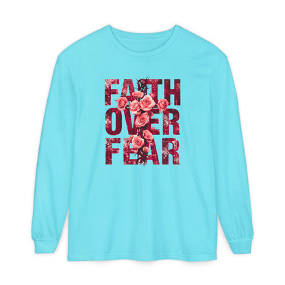 On the front of this Christian vintage long sleeve shirt are the words Faith Over Fear in large block letters with a cross made of thorns in the middle that is covered in roses.