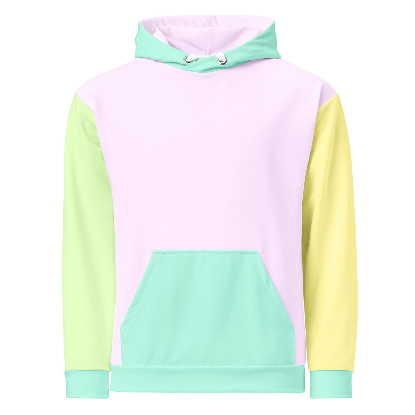 A custom hand sewn unisex hoodie that has a pastel color block design, the front and the back of the sweater are a light purple with the bottom waistband, the front pocket, hood and each cuff is a light mint green, the left sleeve is yellow and the right sleeve is a light grass green.