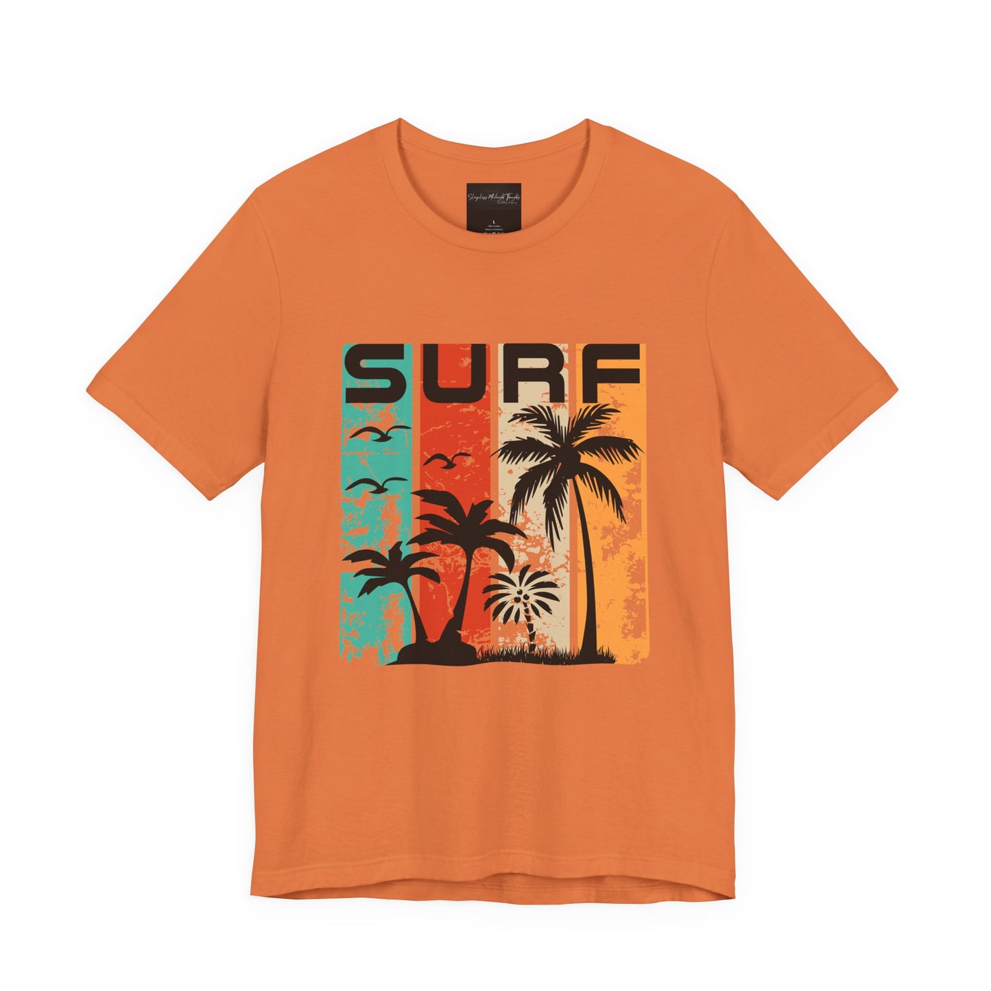 On the front of this custom vacation shirt is the word SURF in large letters at the top of the shirt, each letter has a different colored line through it to the bottom, there are images of palm trees and birds flying underneath the word.