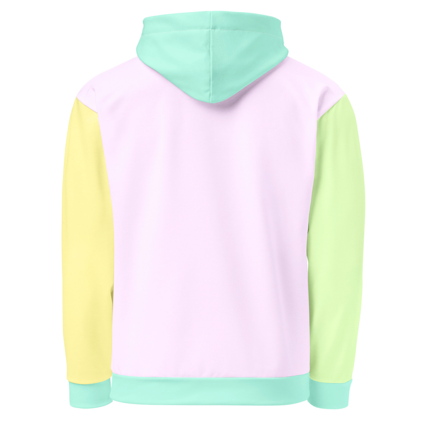 A custom hand sewn unisex hoodie that has a pastel color block design, the front and the back of the sweater are a light purple with the bottom waistband, the front pocket, hood and each cuff is a light mint green, the left sleeve is yellow and the right sleeve is a light grass green.