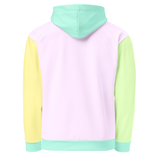 A custom hand sewn unisex hoodie that has a pastel color block design, the front and the back of the sweater are a light purple with the bottom waistband, the front pocket, hood and each cuff is a light mint green, the left sleeve is yellow and the right sleeve is a light grass green.
