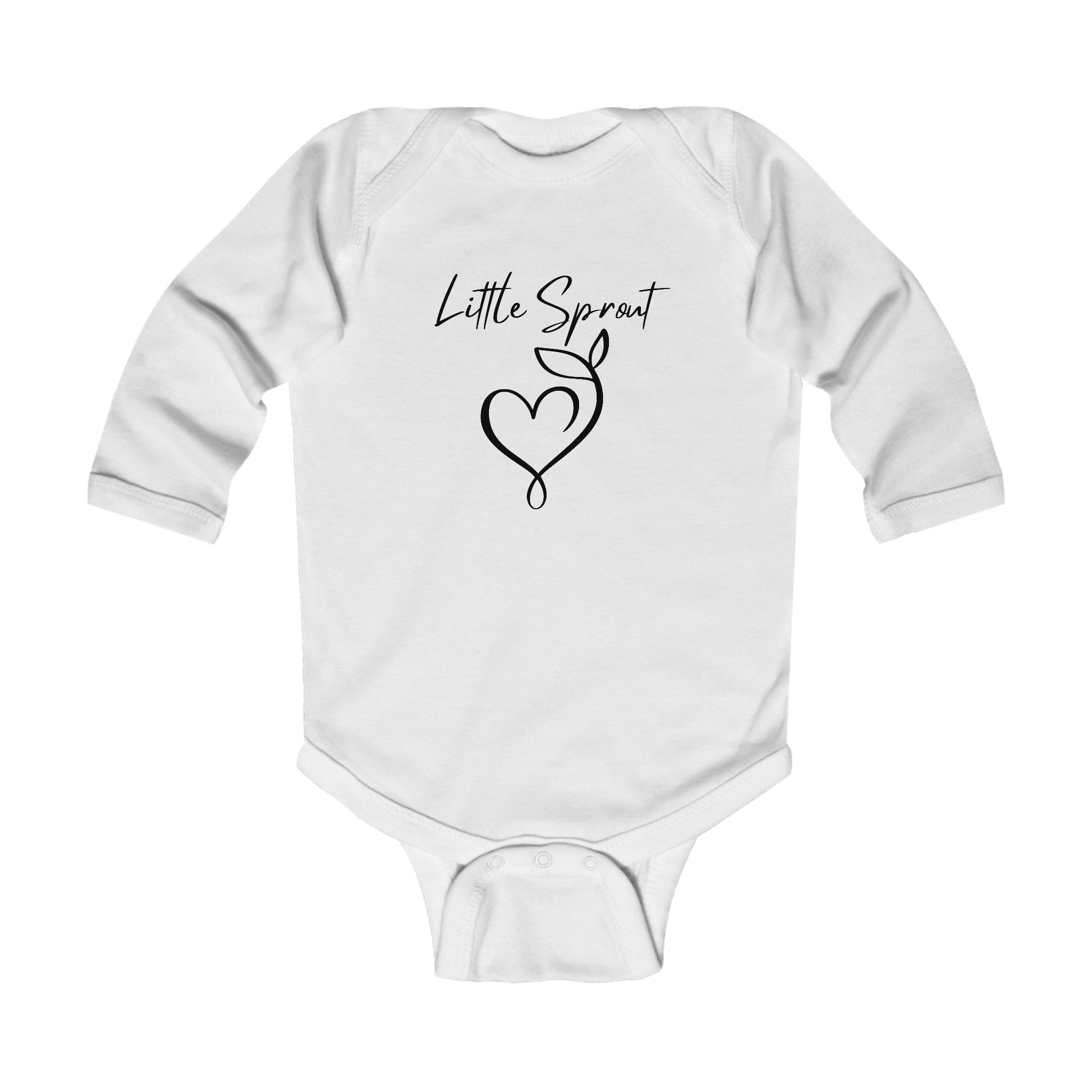 This adorable super soft infant onesie features the words 'little sprout' with a heart and two leaf stem design on the front, creating a cute and playful vibe.