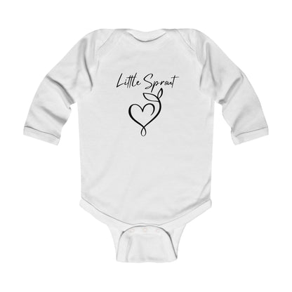 This adorable super soft infant onesie features the words 'little sprout' with a heart and two leaf stem design on the front, creating a cute and playful vibe.