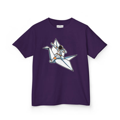 On the front of this custom kids t-shirt is an image of a astronaut flying on a paper plane.