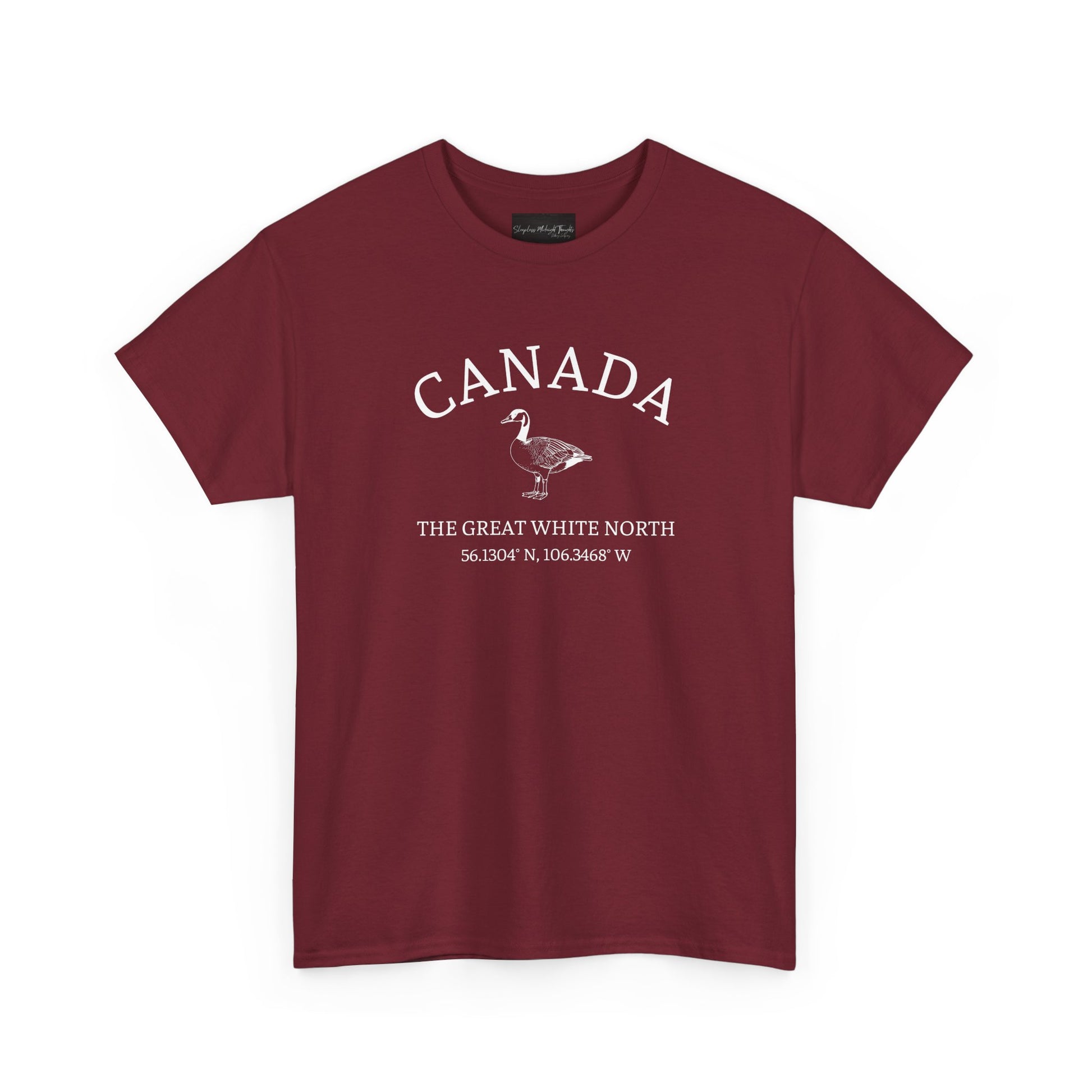 On the front of this patriotic short sleeve shirt is an image of a Canadian Goose with the word Canada above it in a half circle, the words "The Great White North" are underneath the image with Canada's coordinates underneath that.