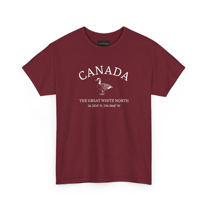 On the front of this patriotic short sleeve shirt is an image of a Canadian Goose with the word Canada above it in a half circle, the words "The Great White North" are underneath the image with Canada's coordinates underneath that.