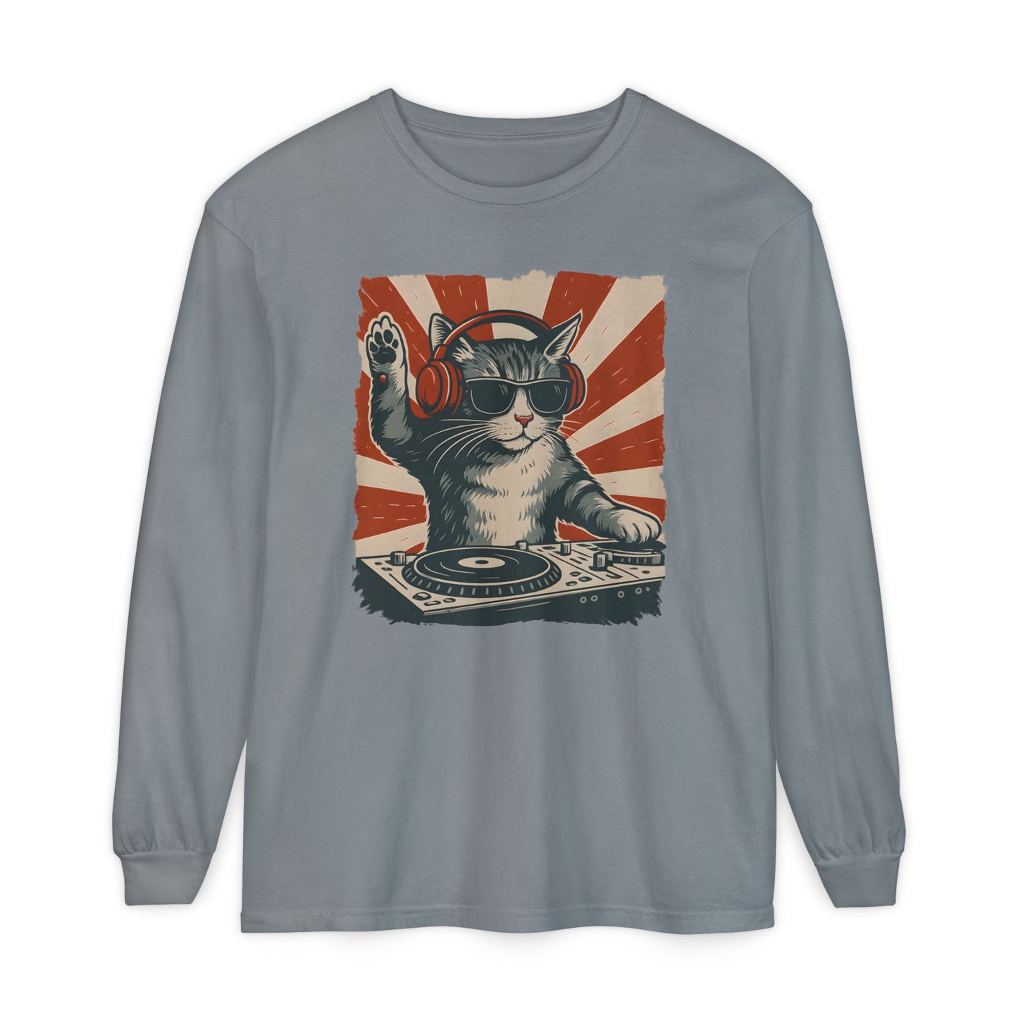 On the front of this custom retro long sleeve shirt is a DJ playing music, except the DJ is a cat that is wearing headphones, there is a vintage red and ivory background behind the cat.