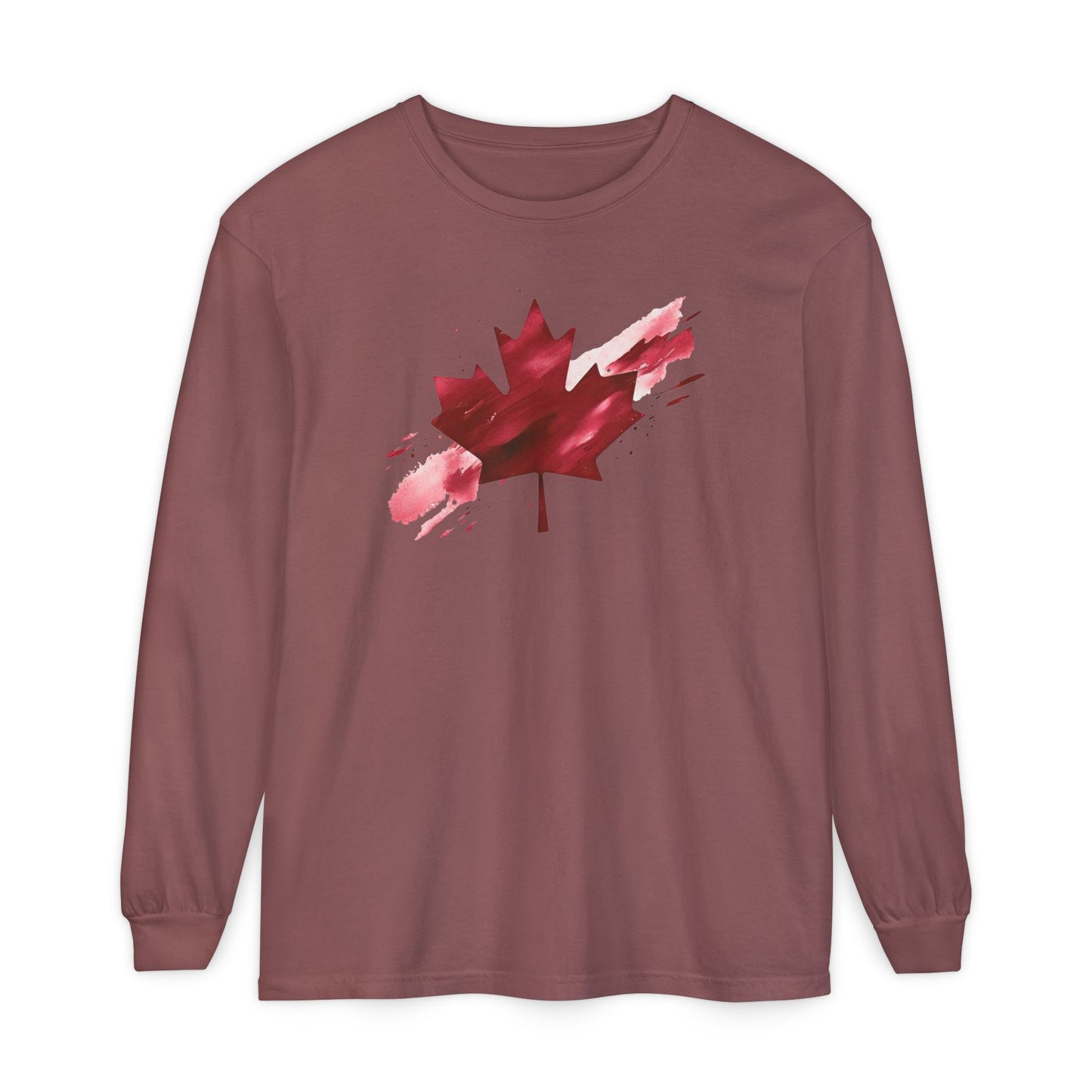 On the front of this unisex long sleeve shirt is an image of a Canadian maple leaf that is bright red, it looks like it has been spray painted onto the front of the shirt.
