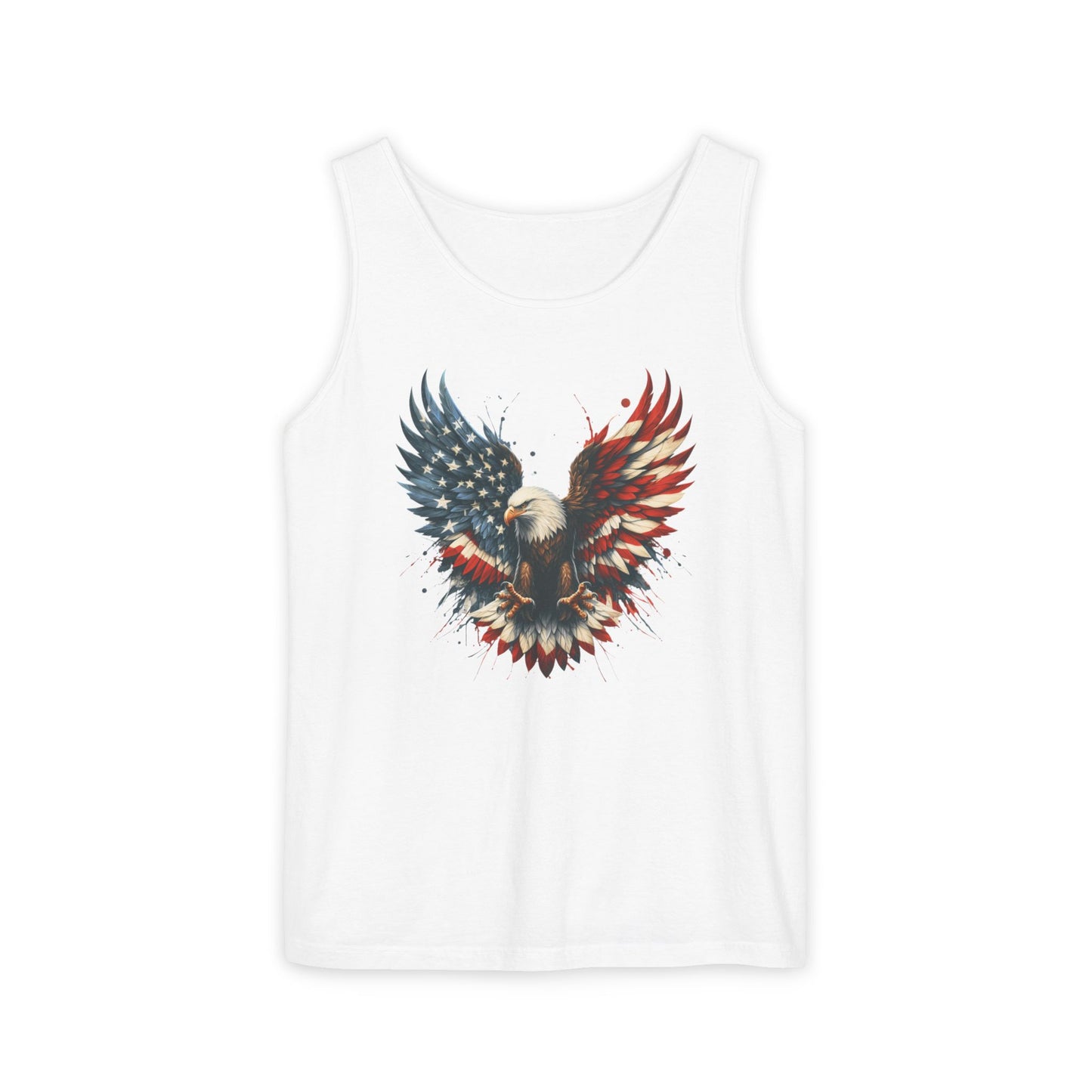 White tank top with an eagle design featuring the American flag on a white background