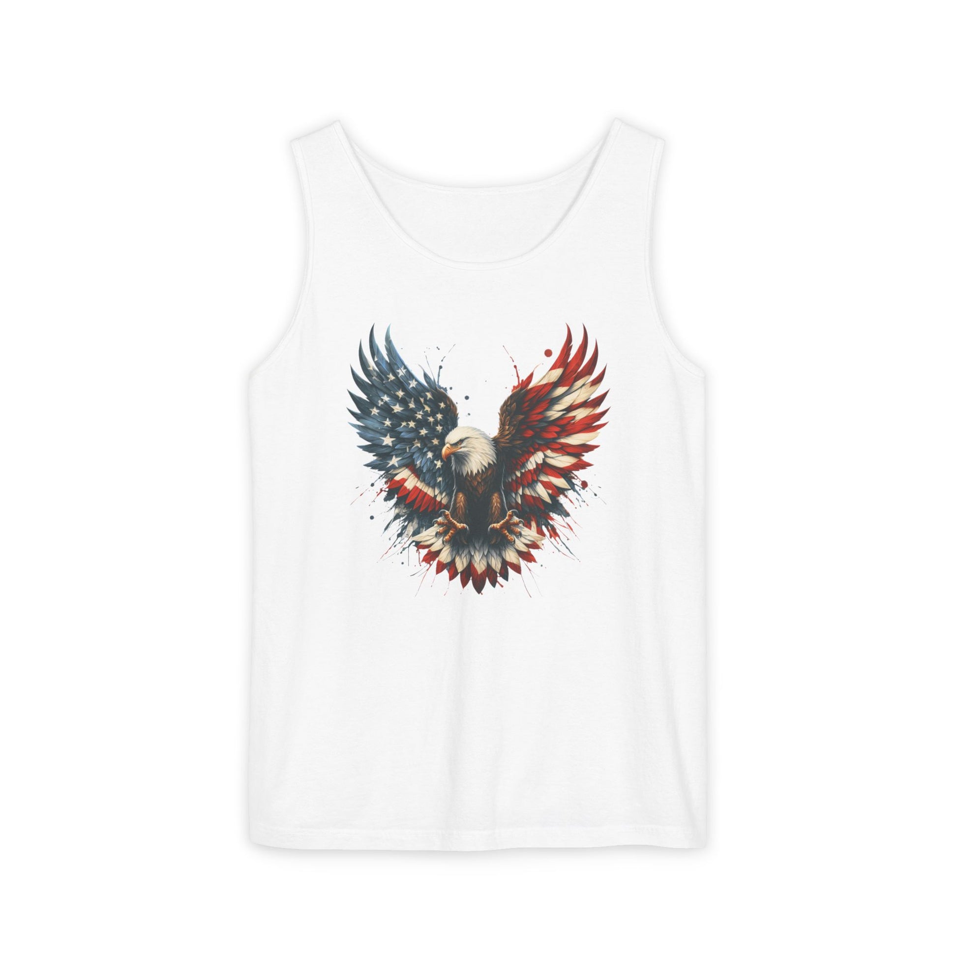 White tank top with an eagle design featuring the American flag on a white background