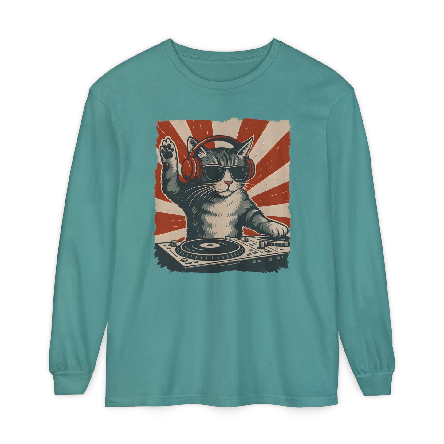 On the front of this custom retro long sleeve shirt is a DJ playing music, except the DJ is a cat that is wearing headphones, there is a vintage red and ivory background behind the cat.