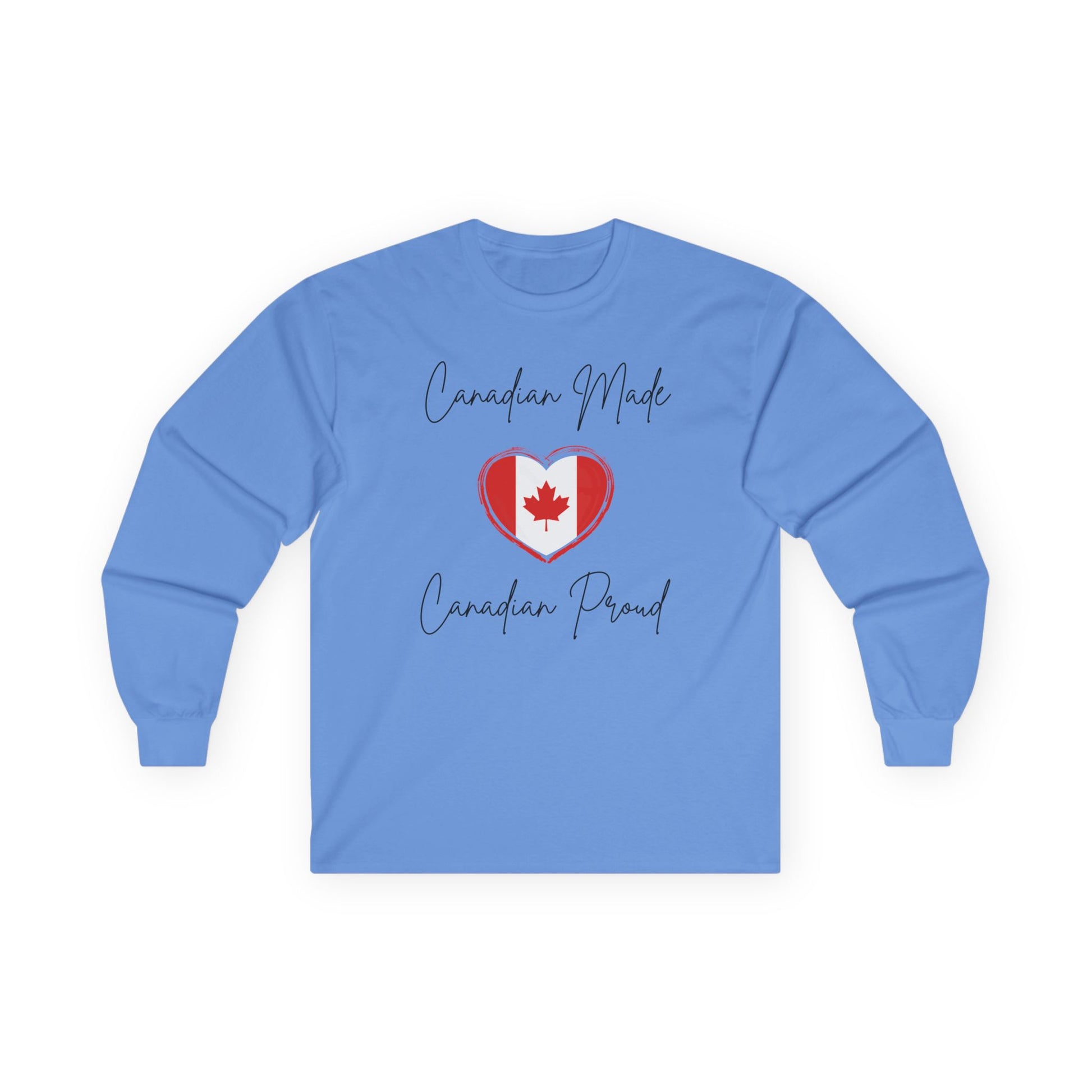 On the front of this custom Canadian patriotic long sleeve t-shirt are the words Canadian Made Canadian Proud in a beautiful cursive font, there is a Canadian flag in the middle that is in the shape of a heart.