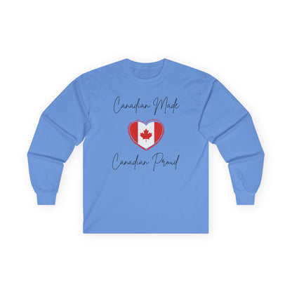 On the front of this custom Canadian patriotic long sleeve t-shirt are the words Canadian Made Canadian Proud in a beautiful cursive font, there is a Canadian flag in the middle that is in the shape of a heart.