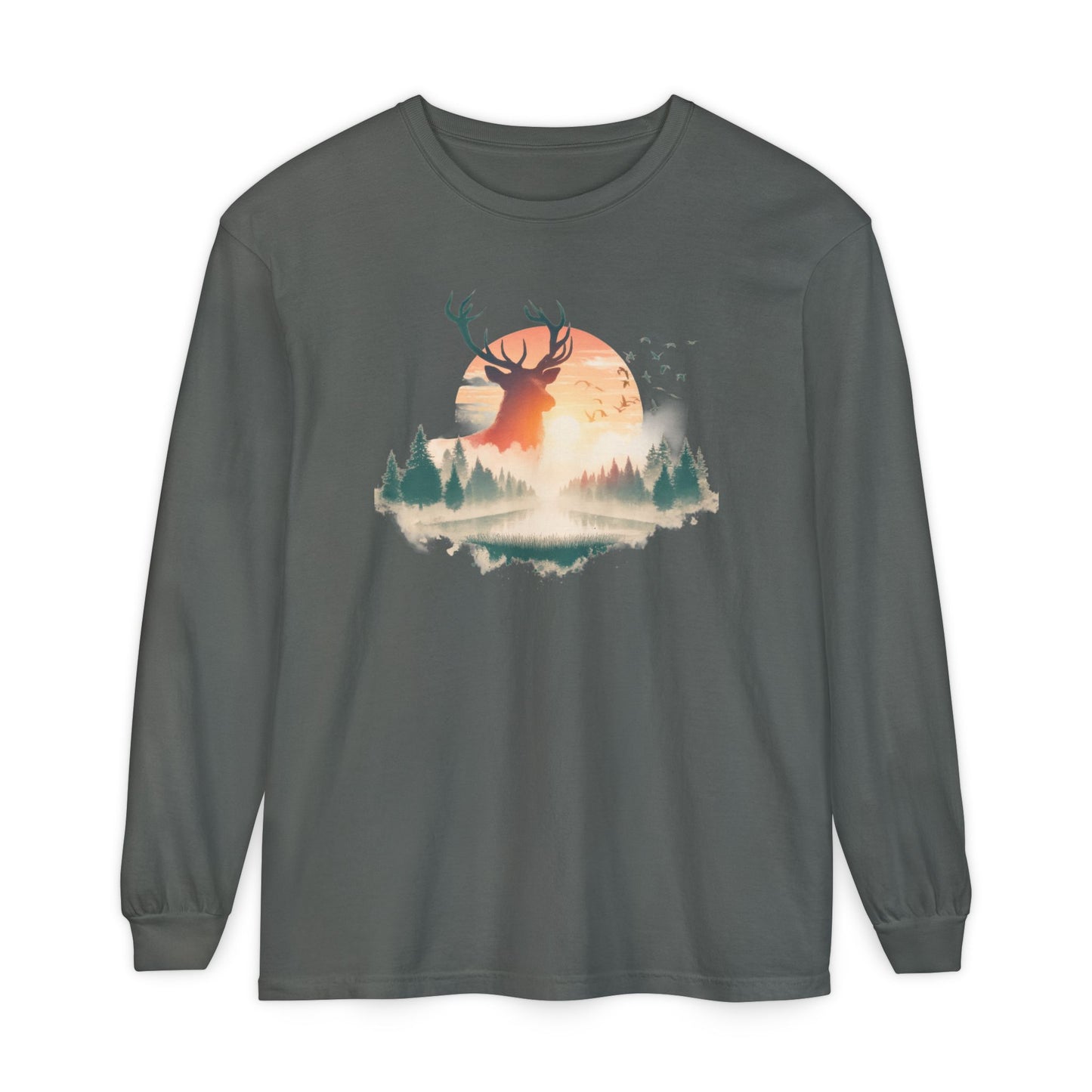 On the front of this custom unisex long sleeve shirt is beautiful landscape at dawn, there is a river in the middle with pine trees on either side, the sun is setting in the background with a large elk in the distance standing in front of the sun.