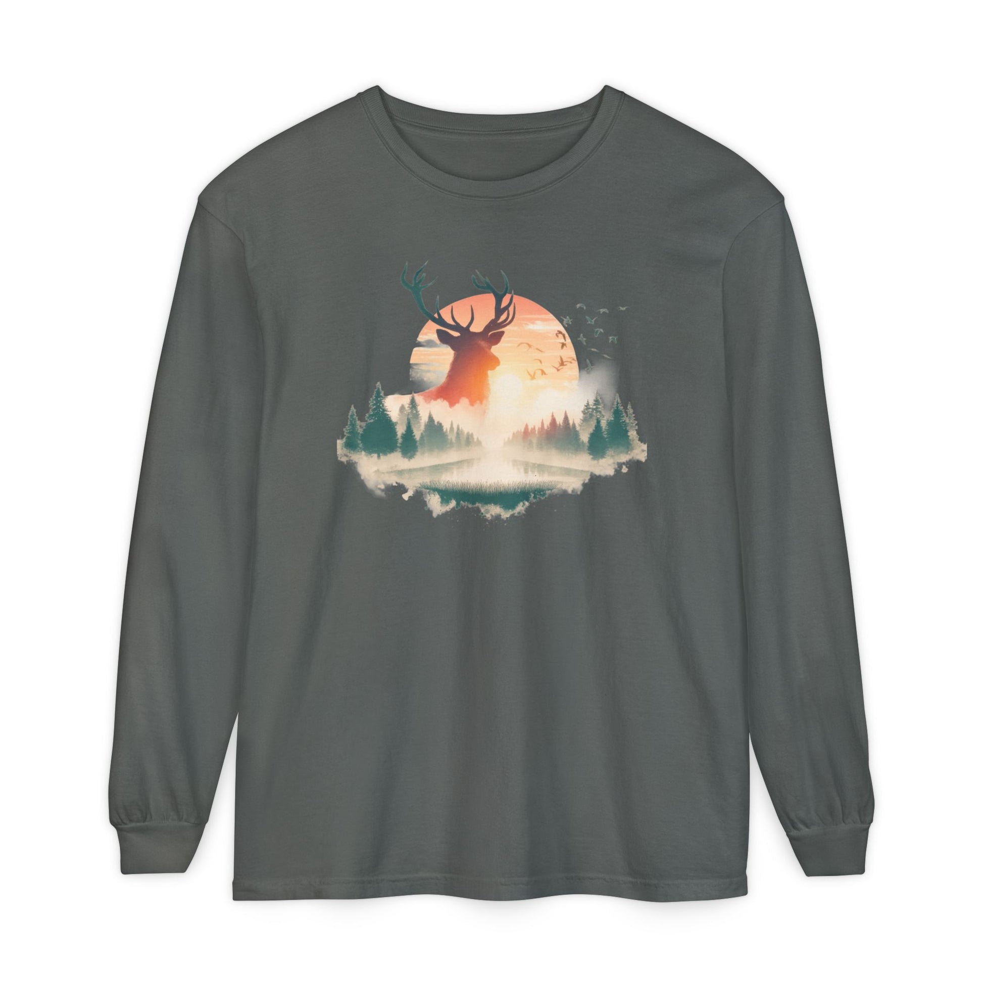 On the front of this custom unisex long sleeve shirt is beautiful landscape at dawn, there is a river in the middle with pine trees on either side, the sun is setting in the background with a large elk in the distance standing in front of the sun.