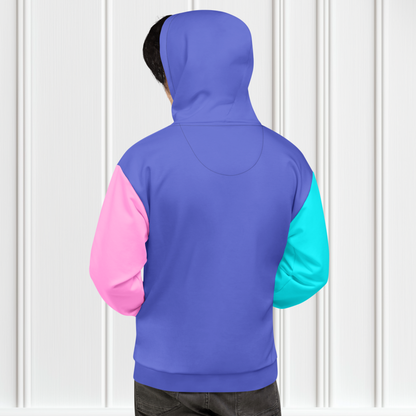 A custom hand sewn unisex hoodie that is purple on the front and the back along with the hood, the right sleeve is a bright turquoise blue with the left sleeve of the sweater being a bubblegum pink.