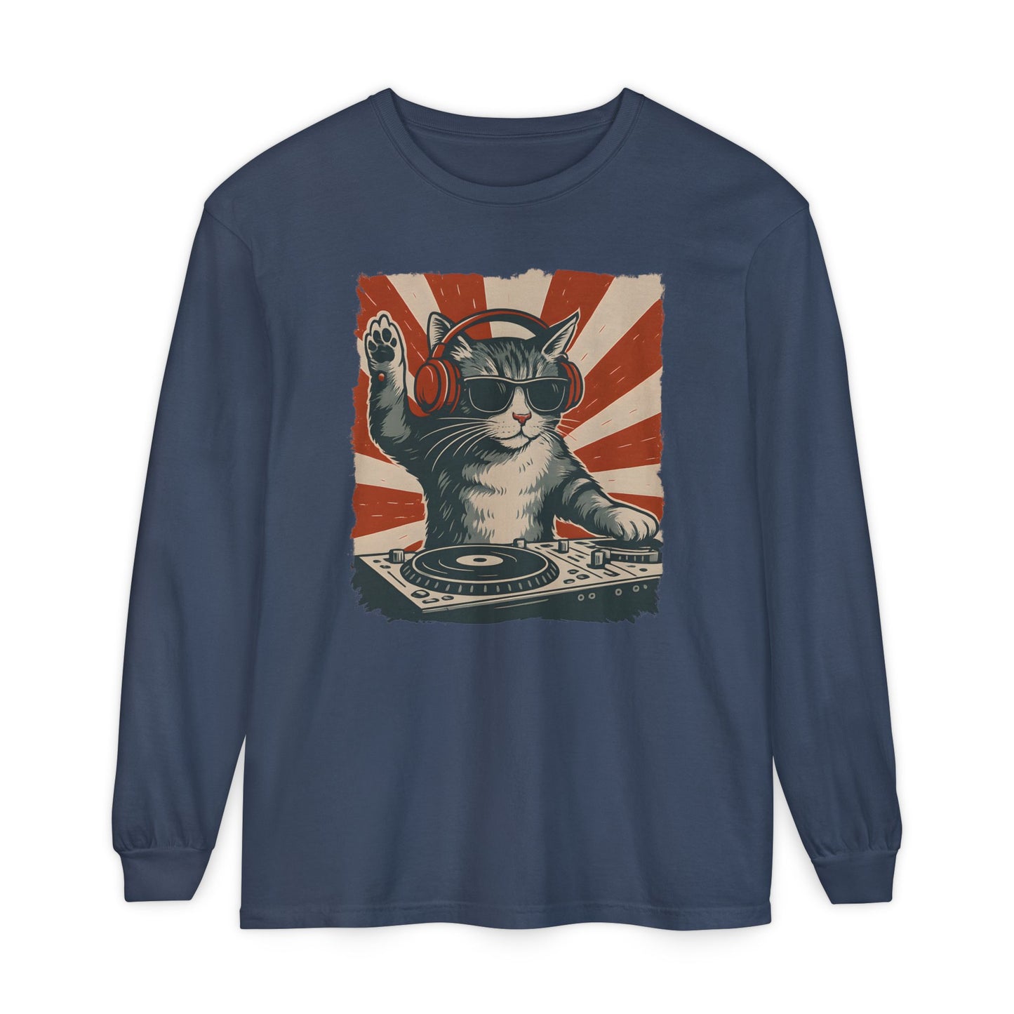 On the front of this custom retro long sleeve shirt is a DJ playing music, except the DJ is a cat that is wearing headphones, there is a vintage red and ivory background behind the cat.