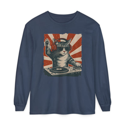 On the front of this custom retro long sleeve shirt is a DJ playing music, except the DJ is a cat that is wearing headphones, there is a vintage red and ivory background behind the cat.