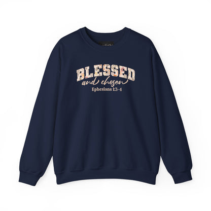 On the front of this custom Christian sweatshirt is the bible verse Blessed and Chosen Ephesians 1:3-4 with the word Blessed being in large bubble letters with a floral pattern on the inside of the letters.