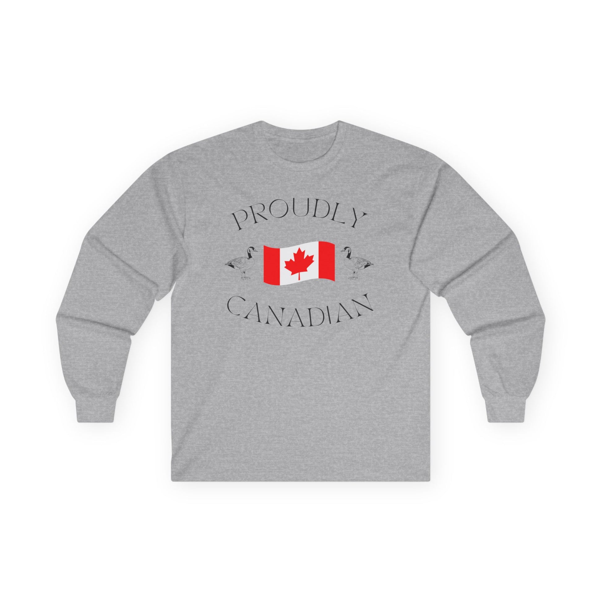 On the front of this Canadian made unisex custom long sleeve t-shirt are the words Proudly Canadian in large font with an image of a Canadian flag in the center, there are two Canadian geese on either side of the flag.
