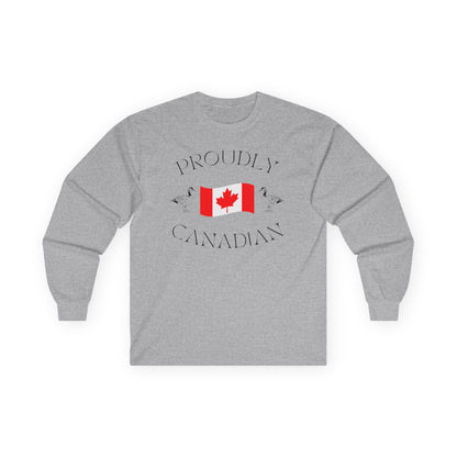 On the front of this Canadian made unisex custom long sleeve t-shirt are the words Proudly Canadian in large font with an image of a Canadian flag in the center, there are two Canadian geese on either side of the flag.