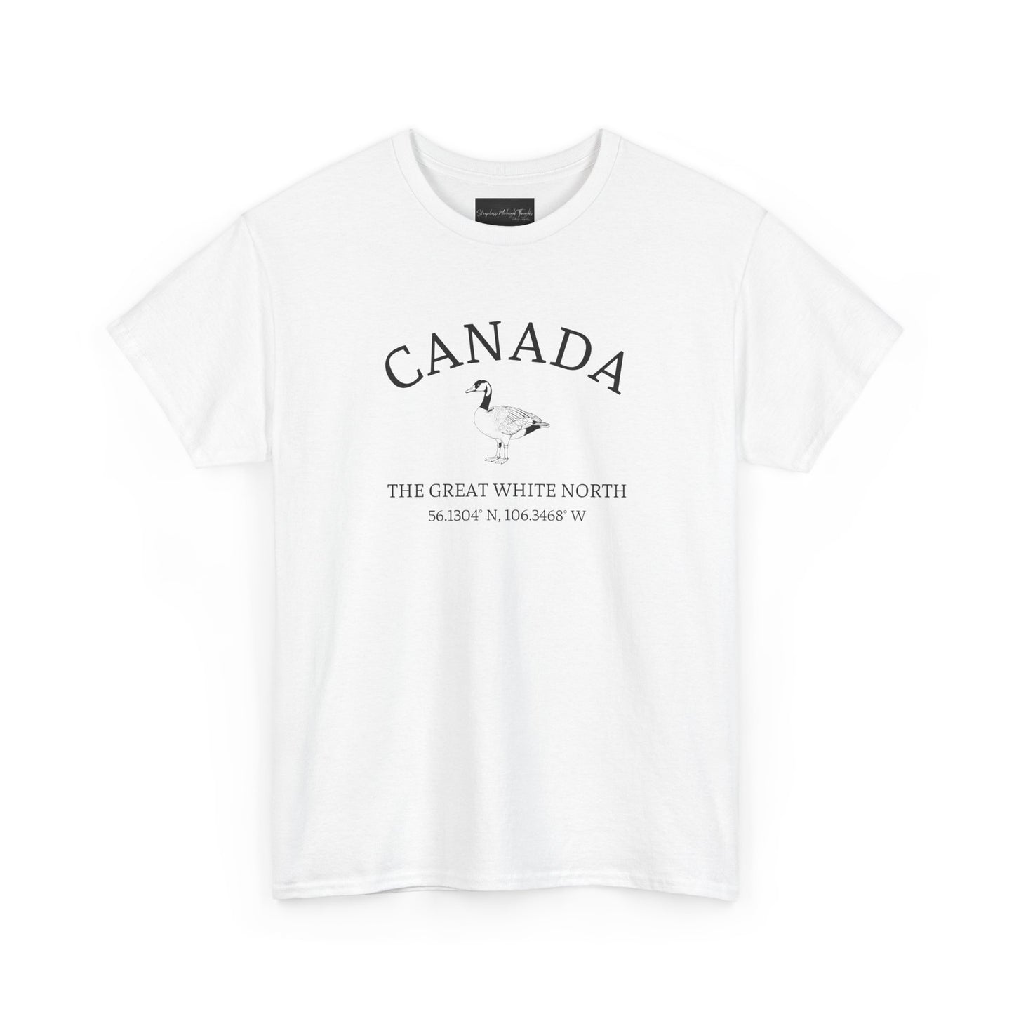 On the front of this patriotic short sleeve shirt is an image of a Canadian Goose with the word Canada above it in a half circle, the words "The Great White North" are underneath the image with Canada's coordinates underneath that.